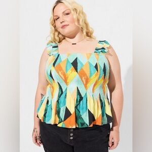 Torrid Peplum Crinkle Top / Geo Print / Plus Size: 1 / Smocked / Spring / Summer